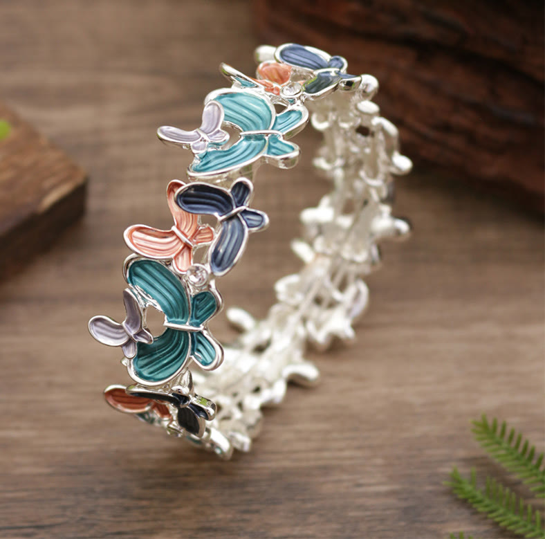 Colorful Butterfly Love Alloy Elastic Bracelet Bangle