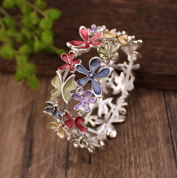 Colorful Butterfly Flowers Love Alloy Elastic Bracelet Bangle