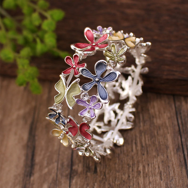 Colorful Butterfly Flowers Love Alloy Elastic Bracelet Bangle