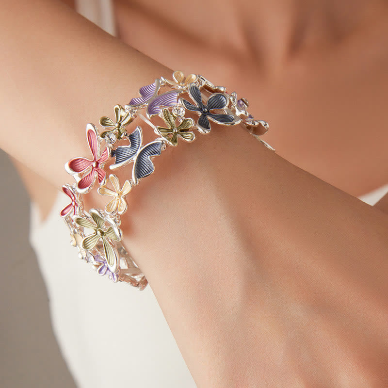 Colorful Butterfly Flowers Love Alloy Elastic Bracelet Bangle