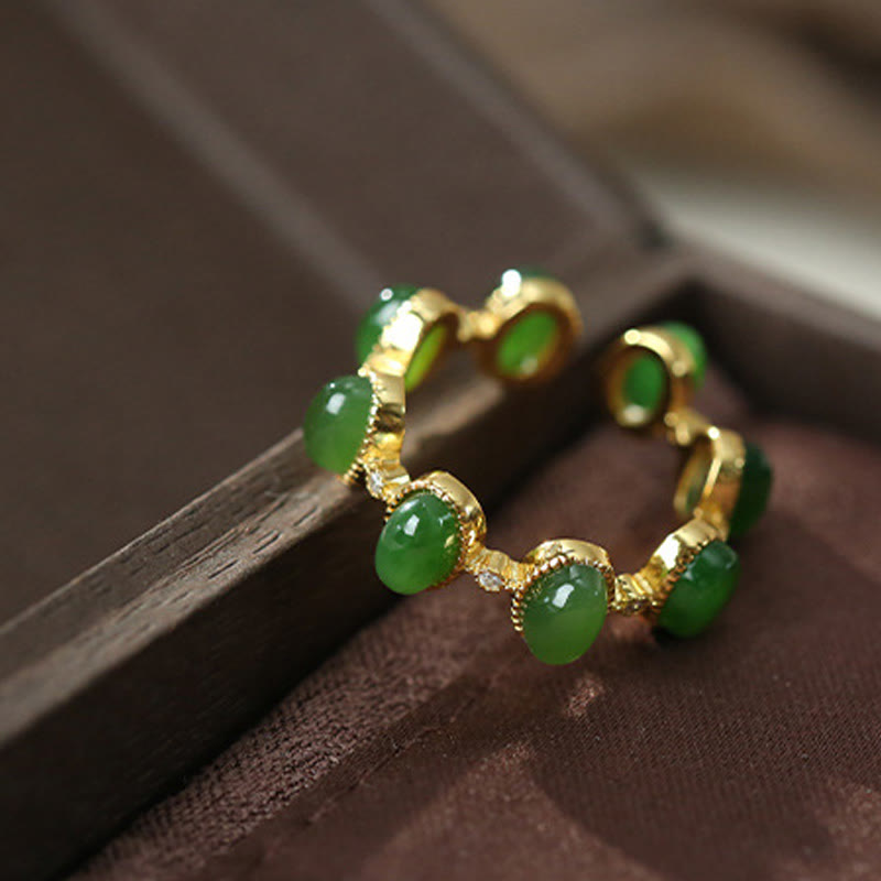 Minimalist 925 Sterling Silver Gold-Tone Hetian Cyan Jade Adjustable Ring