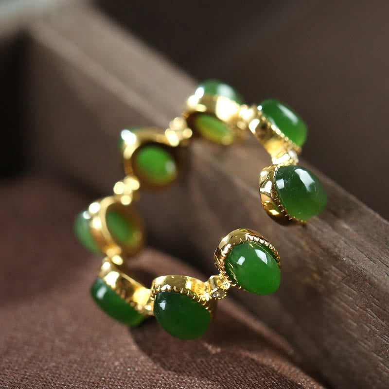 Minimalist 925 Sterling Silver Gold-Tone Hetian Cyan Jade Adjustable Ring