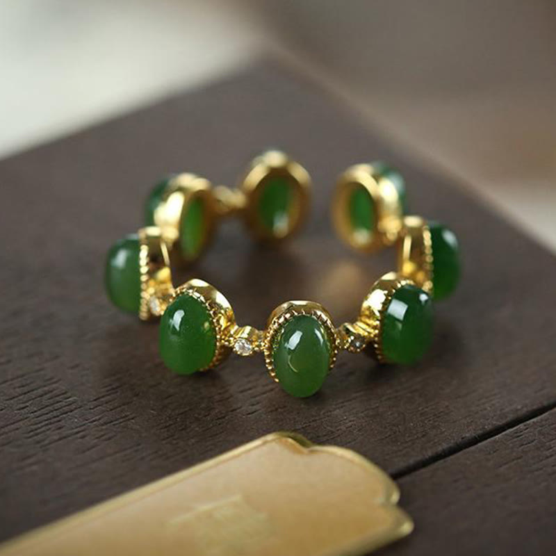 Minimalist 925 Sterling Silver Gold-Tone Hetian Cyan Jade Adjustable Ring