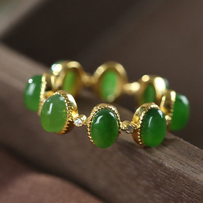 Minimalist 925 Sterling Silver Gold-Tone Hetian Cyan Jade Adjustable Ring