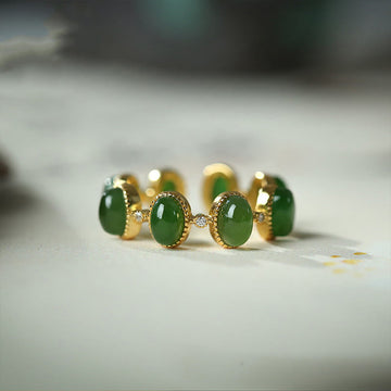 Minimalist 925 Sterling Silver Gold-Tone Hetian Cyan Jade Adjustable Ring