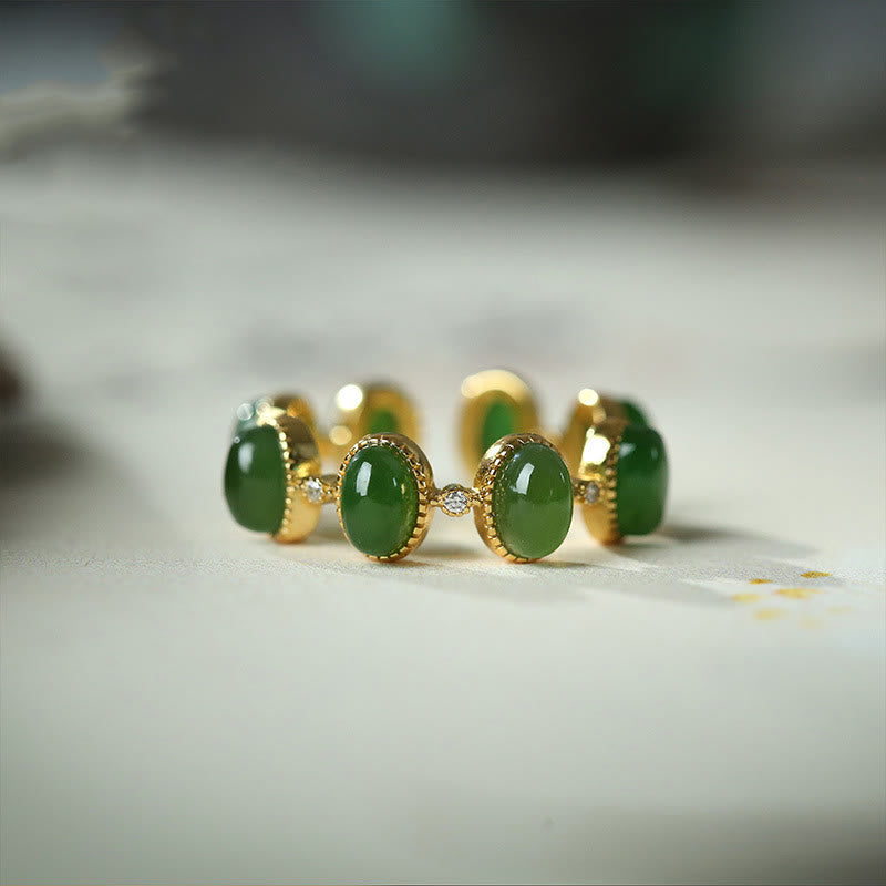 Minimalist 925 Sterling Silver Gold-Tone Hetian Cyan Jade Adjustable Ring