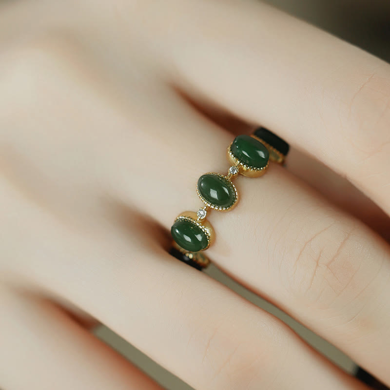 Minimalist 925 Sterling Silver Gold-Tone Hetian Cyan Jade Adjustable Ring