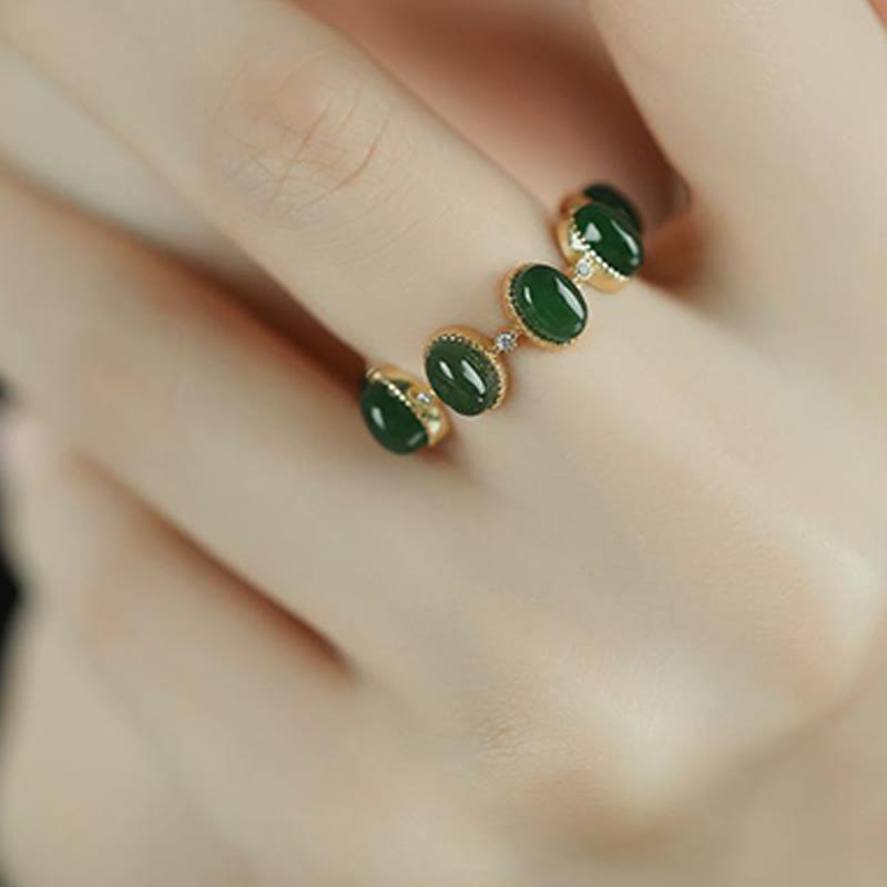 Minimalist 925 Sterling Silver Gold-Tone Hetian Cyan Jade Adjustable Ring