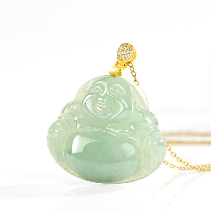 925 Sterling Silver Natural Jade Laughing Buddha Luck Prosperity Chain Necklace Pendant