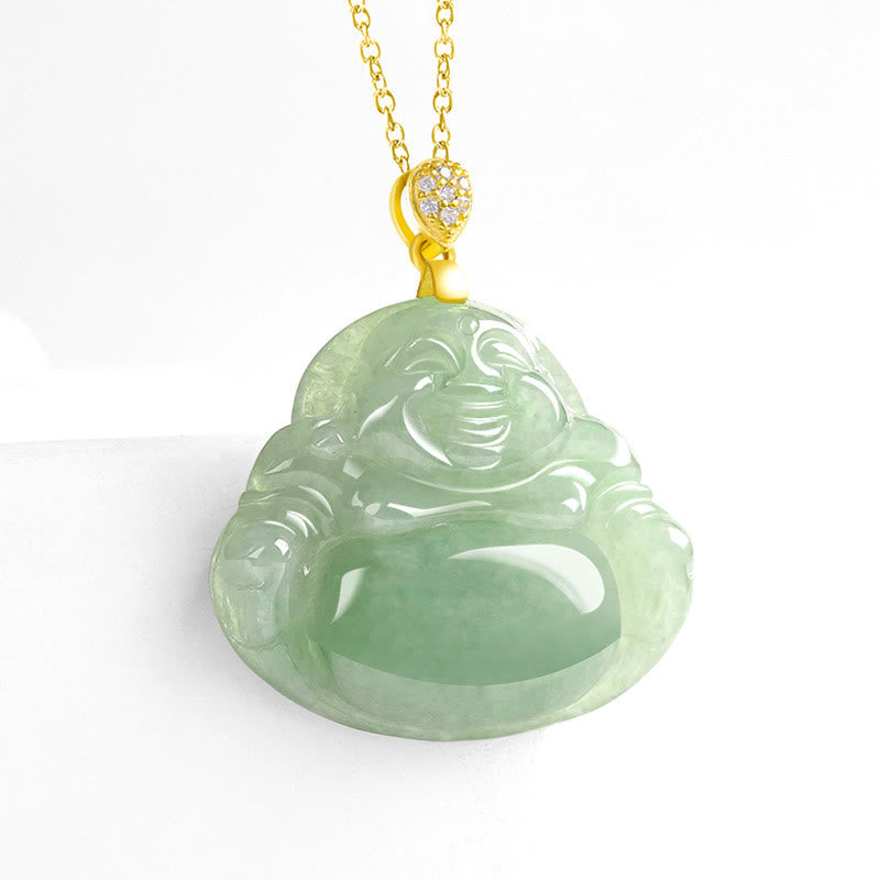 925 Sterling Silver Natural Jade Laughing Buddha Luck Prosperity Chain Necklace Pendant