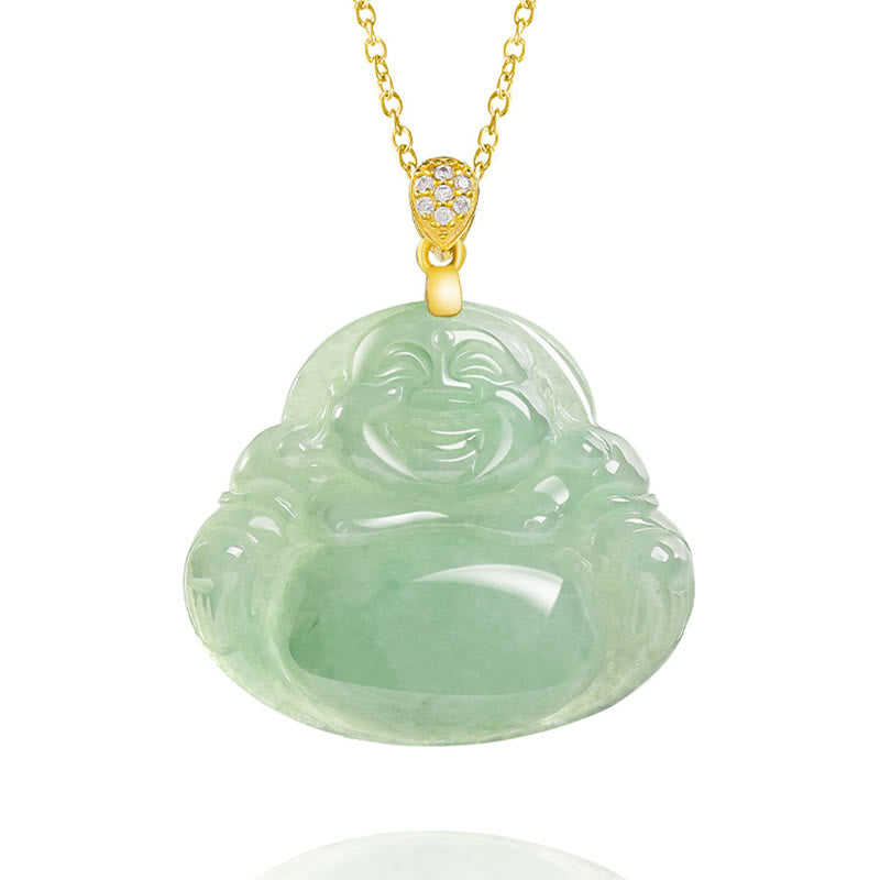 925 Sterling Silver Natural Jade Laughing Buddha Luck Prosperity Chain Necklace Pendant