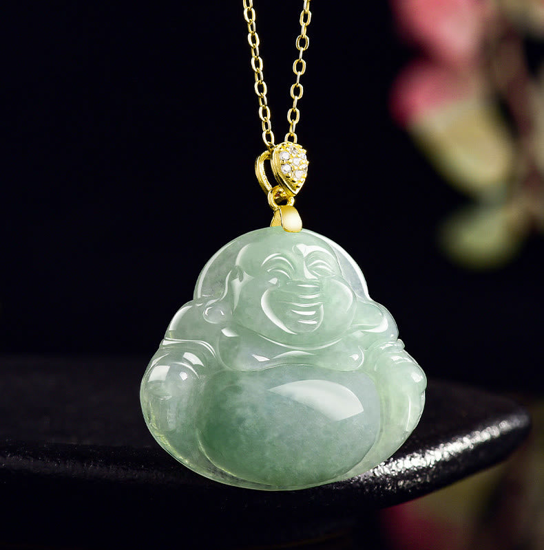 925 Sterling Silver Natural Jade Laughing Buddha Luck Prosperity Chain Necklace Pendant