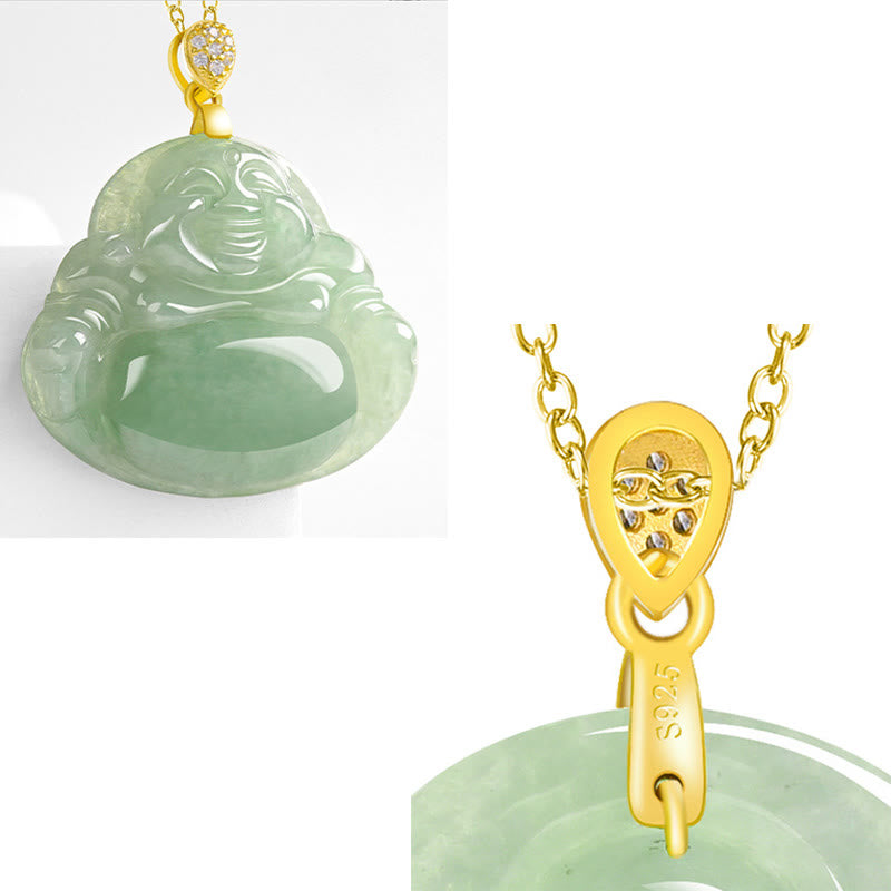 925 Sterling Silver Natural Jade Laughing Buddha Luck Prosperity Chain Necklace Pendant