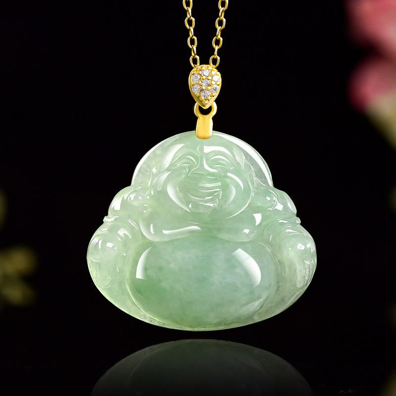 925 Sterling Silver Natural Jade Laughing Buddha Luck Prosperity Chain Necklace Pendant
