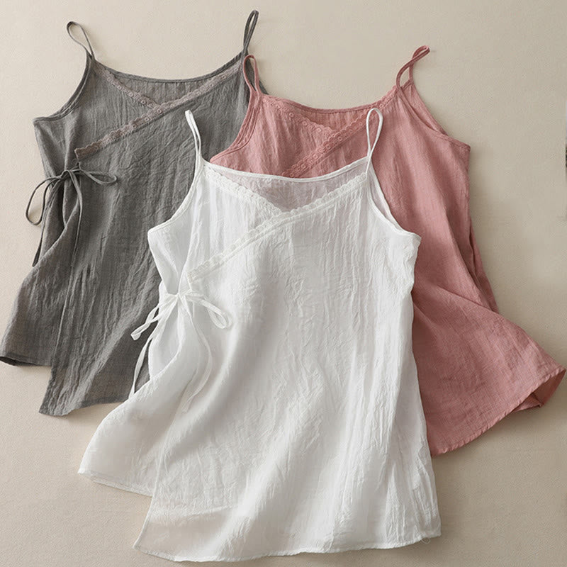 Vintage Side Lace-up Splicing Lace V-neck Sleeveless Women's Vest