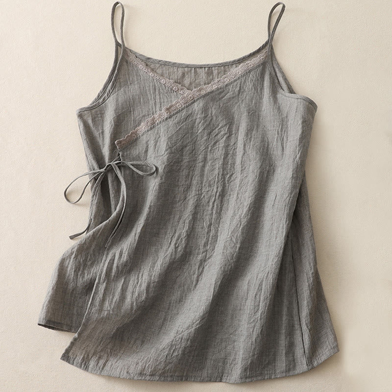 Vintage Side Lace-up Splicing Lace V-neck Sleeveless Women's Vest