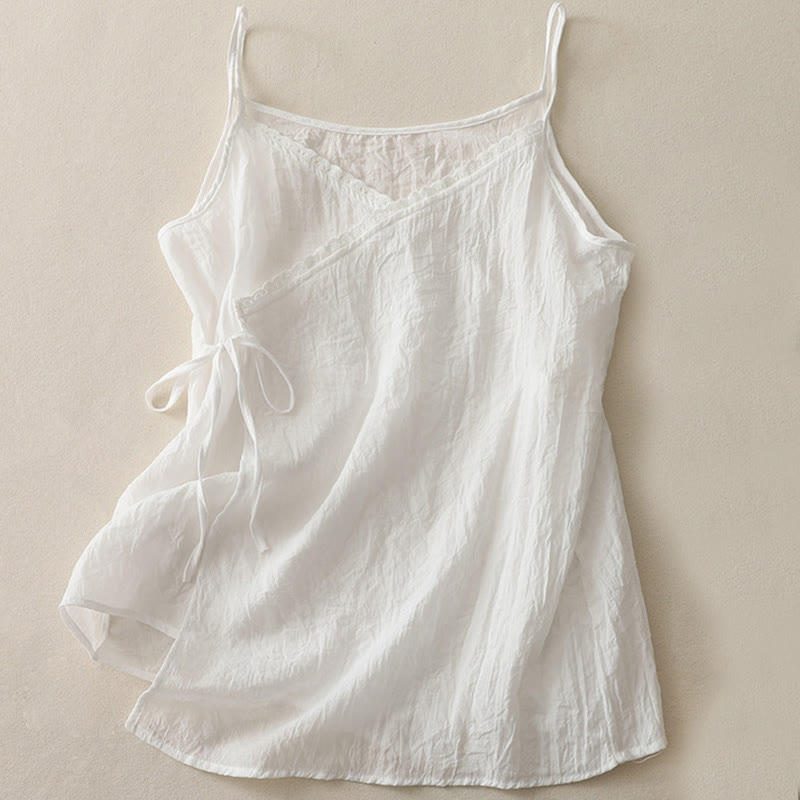 Vintage Side Lace-up Splicing Lace V-neck Sleeveless Women's Vest