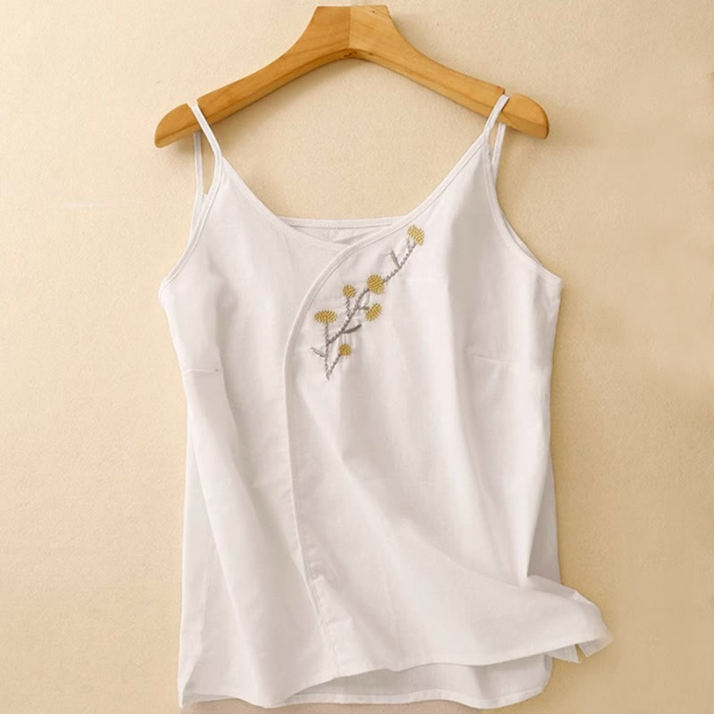 Ethnic Embroidery Asymmetrical Design Women's Cotton Linen Sleeveless Vest
