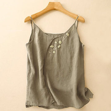 Ethnic Embroidery Asymmetrical Design Women's Cotton Linen Sleeveless Vest