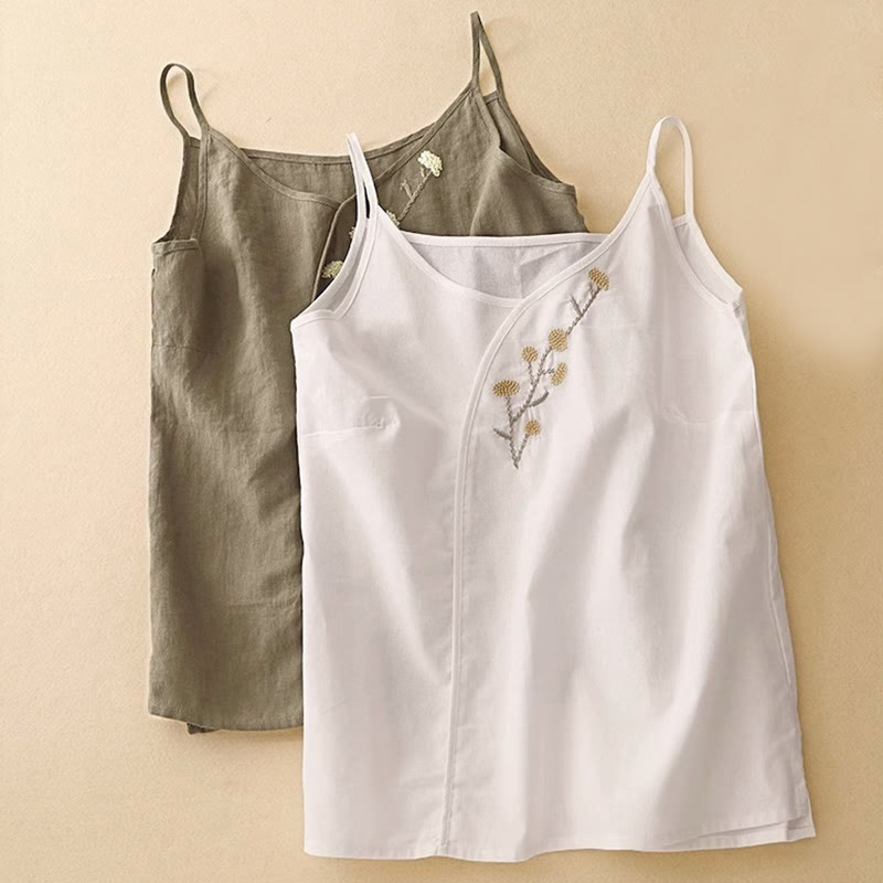 Ethnic Embroidery Asymmetrical Design Women's Cotton Linen Sleeveless Vest