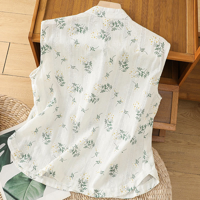 Retro Printing Floral Plant Pattern Chinese Frog-Button Design Women's Cotton Sleeveless Vest