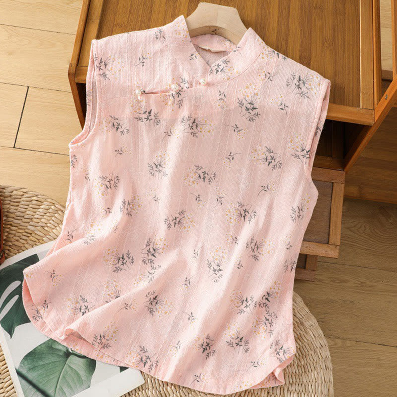 Retro Printing Floral Plant Pattern Chinese Frog-Button Design Women's Cotton Sleeveless Vest