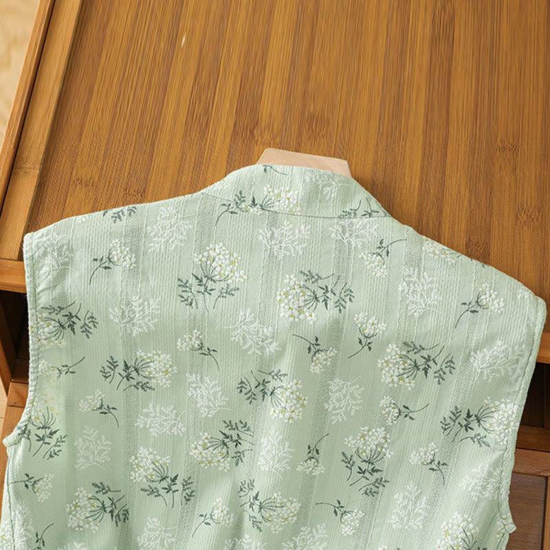 Retro Printing Floral Plant Pattern Chinese Frog-Button Design Women's Cotton Sleeveless Vest