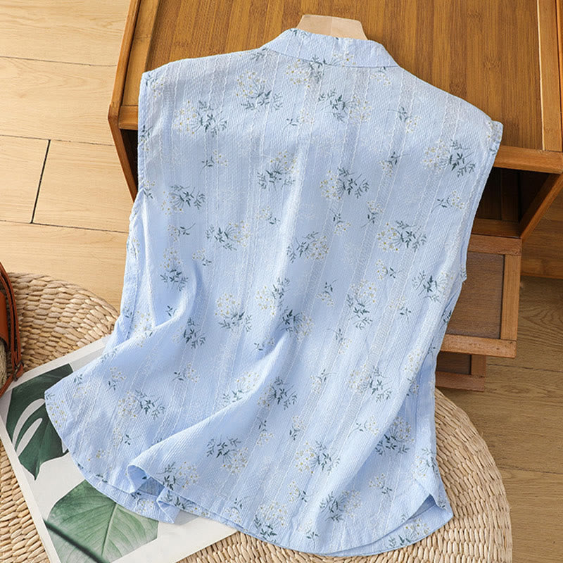 Retro Printing Floral Plant Pattern Chinese Frog-Button Design Women's Cotton Sleeveless Vest