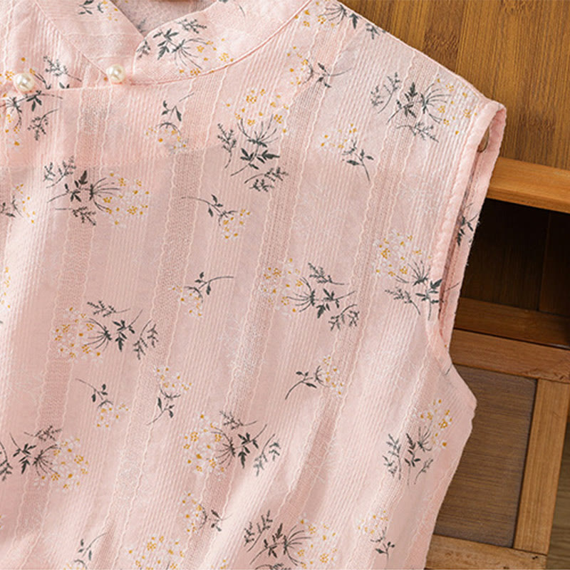 Retro Printing Floral Plant Pattern Chinese Frog-Button Design Women's Cotton Sleeveless Vest