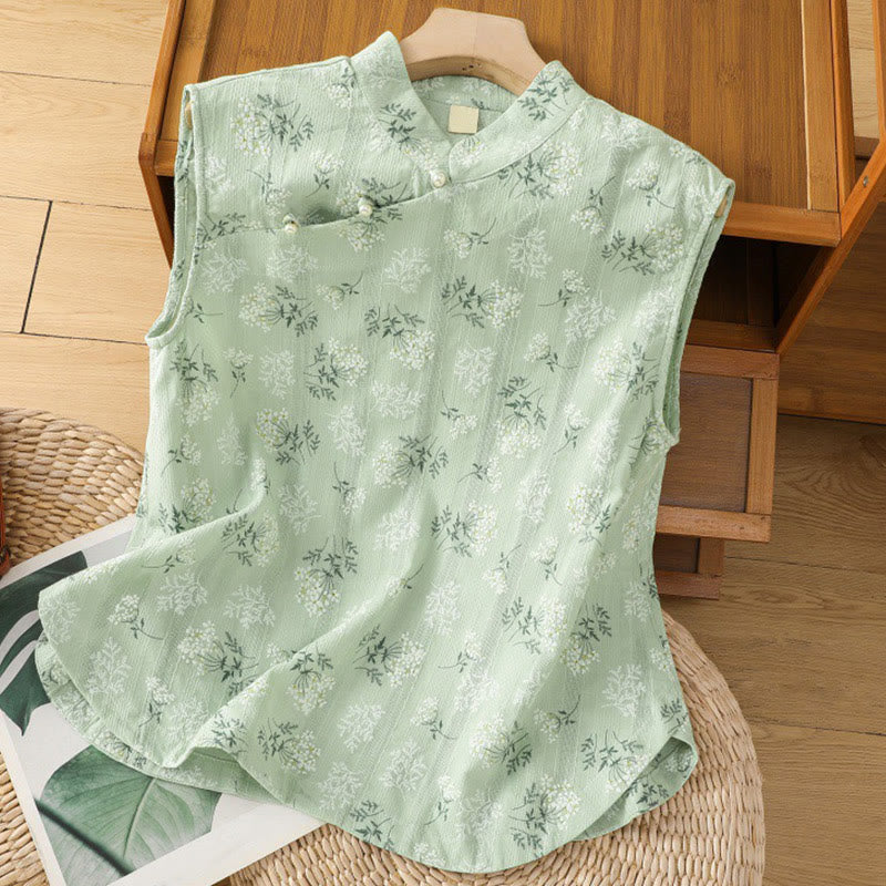 Retro Printing Floral Plant Pattern Chinese Frog-Button Design Women's Cotton Sleeveless Vest