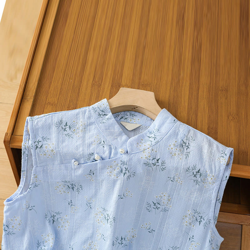 Retro Printing Floral Plant Pattern Chinese Frog-Button Design Women's Cotton Sleeveless Vest
