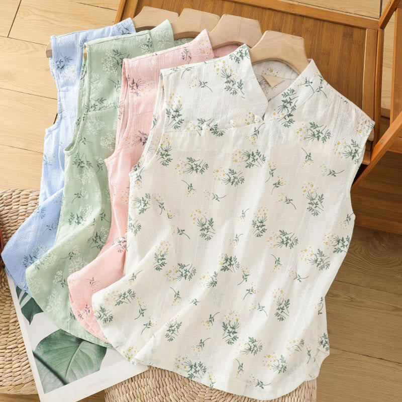 Retro Printing Floral Plant Pattern Chinese Frog-Button Design Women's Cotton Sleeveless Vest