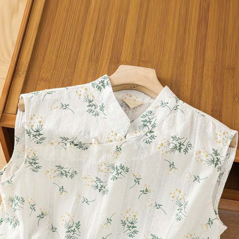 Retro Printing Floral Plant Pattern Chinese Frog-Button Design Women's Cotton Sleeveless Vest