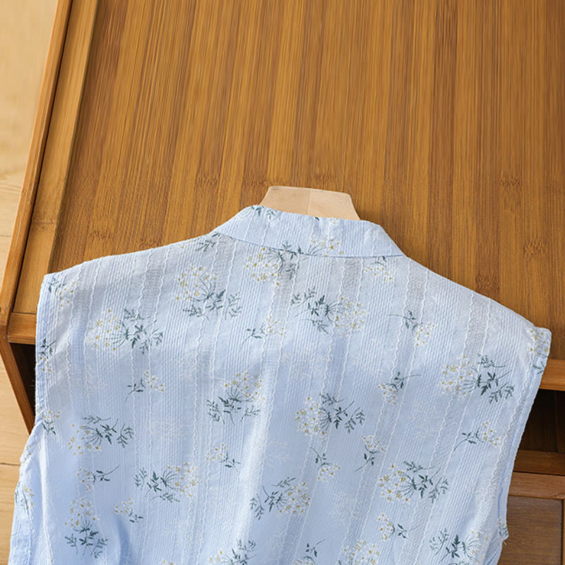Retro Printing Floral Plant Pattern Chinese Frog-Button Design Women's Cotton Sleeveless Vest