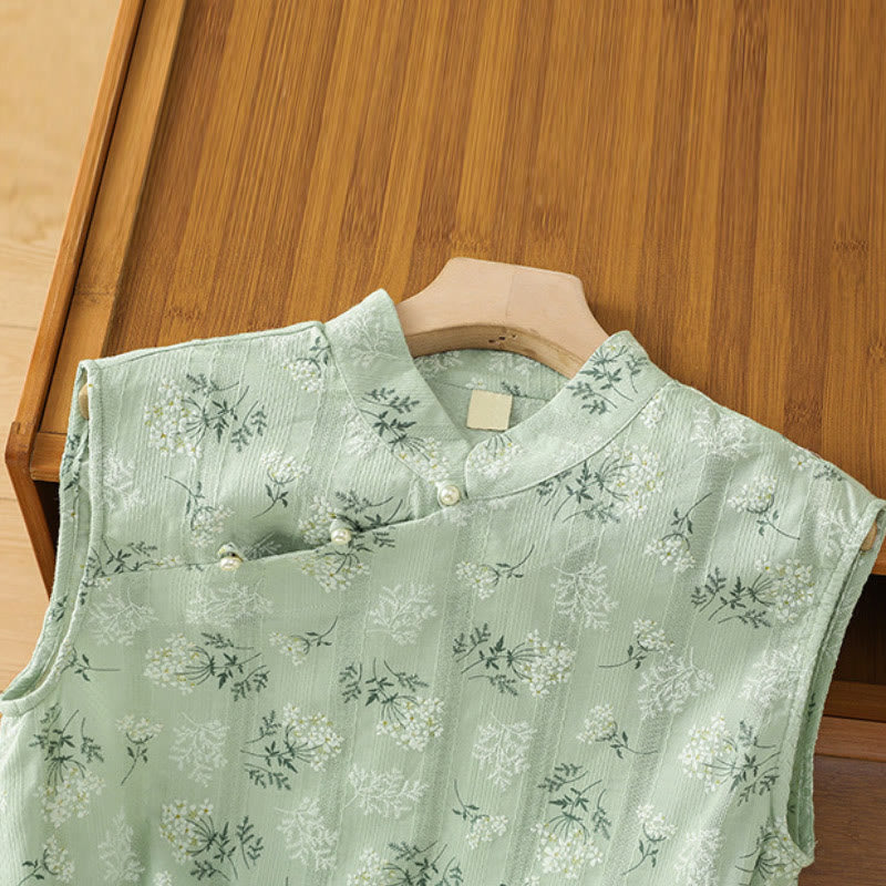 Retro Printing Floral Plant Pattern Chinese Frog-Button Design Women's Cotton Sleeveless Vest