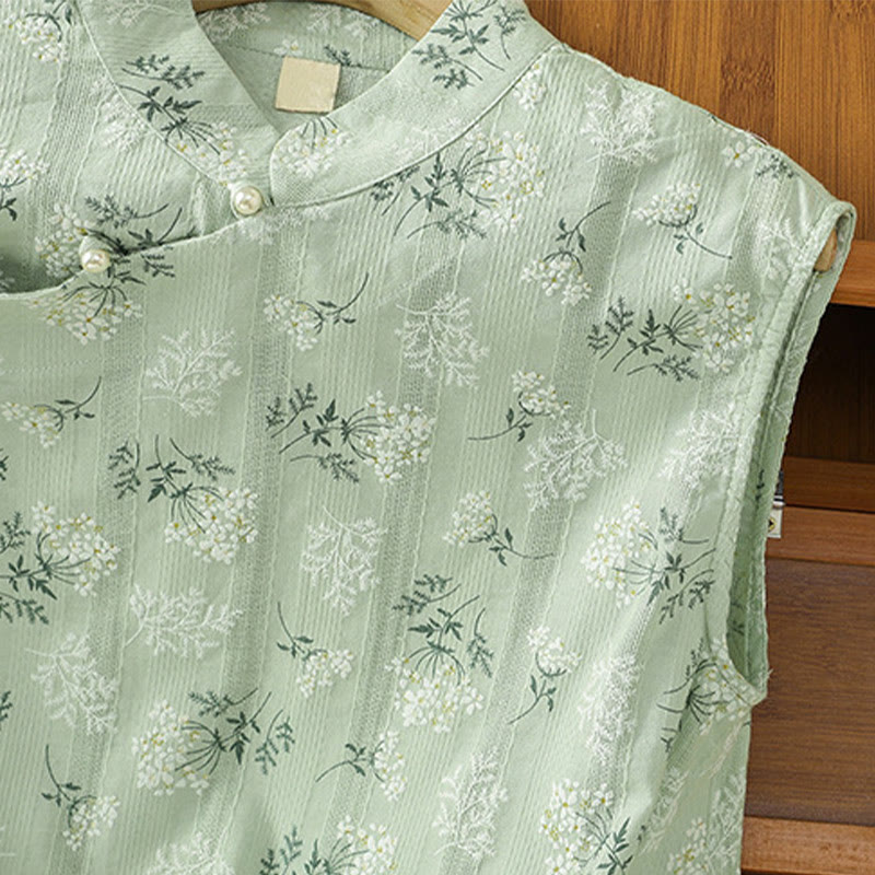 Retro Printing Floral Plant Pattern Chinese Frog-Button Design Women's Cotton Sleeveless Vest