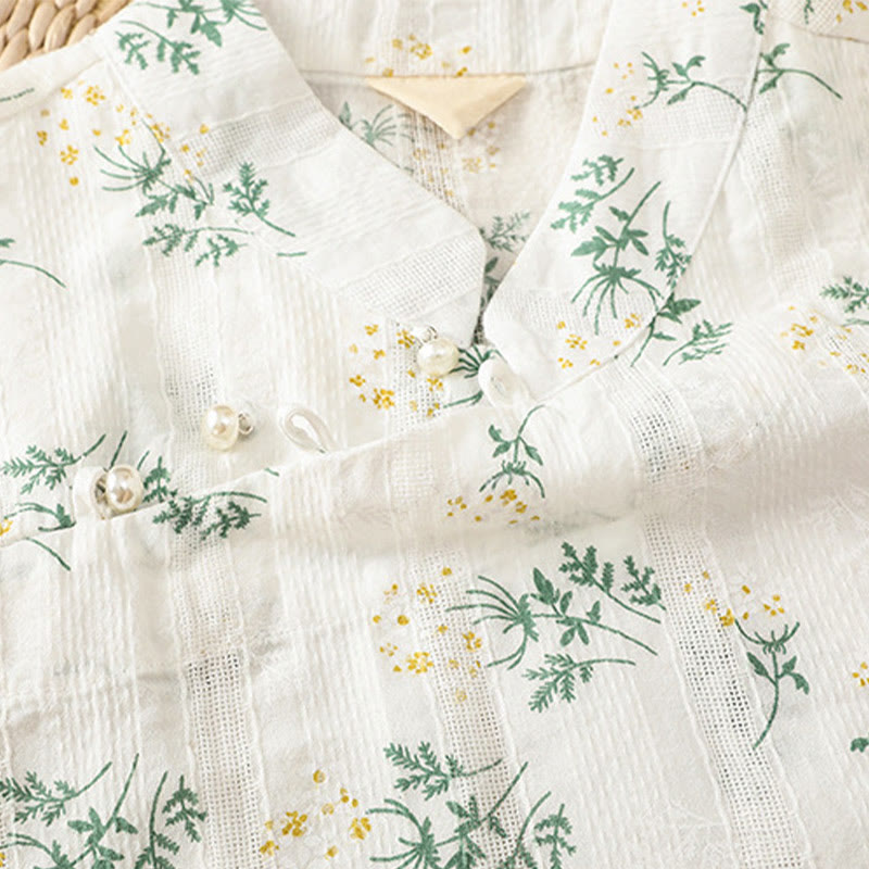 Retro Printing Floral Plant Pattern Chinese Frog-Button Design Women's Cotton Sleeveless Vest