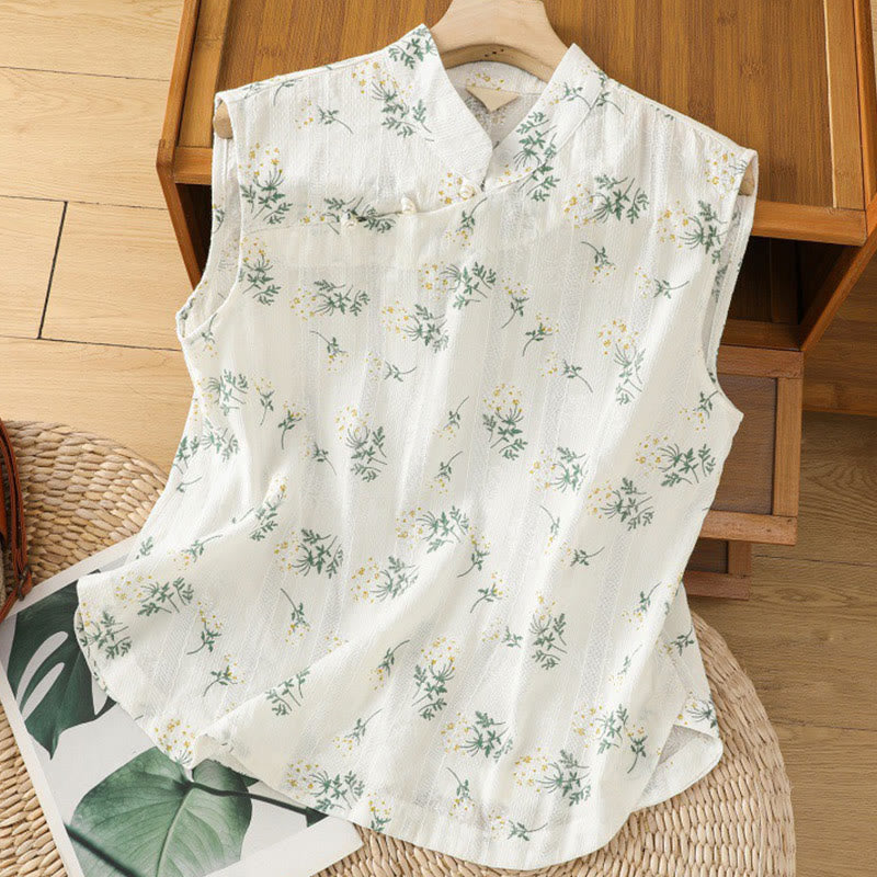 Retro Printing Floral Plant Pattern Chinese Frog-Button Design Women's Cotton Sleeveless Vest