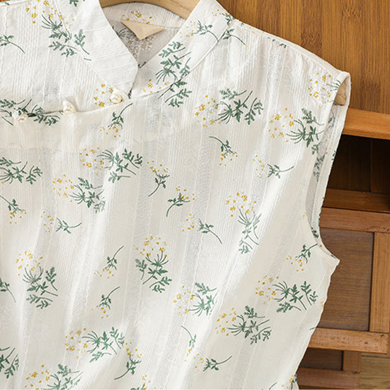 Retro Printing Floral Plant Pattern Chinese Frog-Button Design Women's Cotton Sleeveless Vest