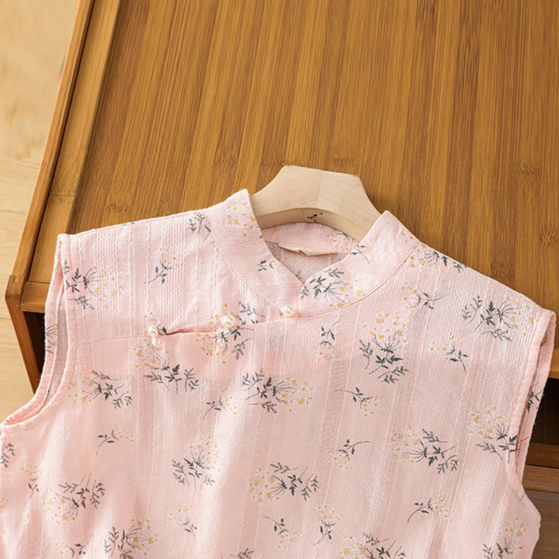 Retro Printing Floral Plant Pattern Chinese Frog-Button Design Women's Cotton Sleeveless Vest