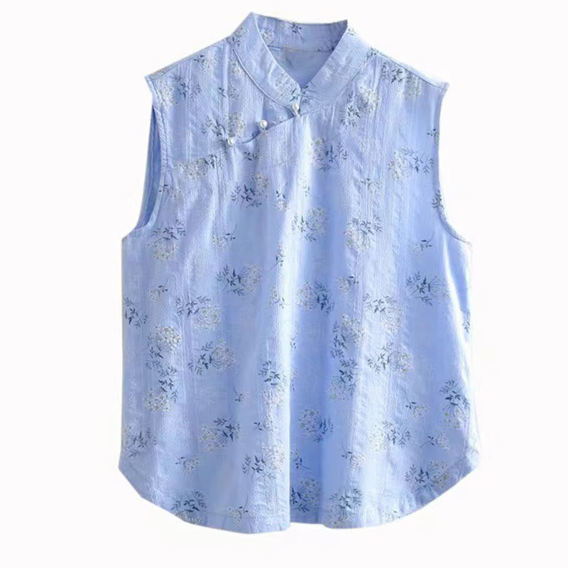 Retro Printing Floral Plant Pattern Chinese Frog-Button Design Women's Cotton Sleeveless Vest