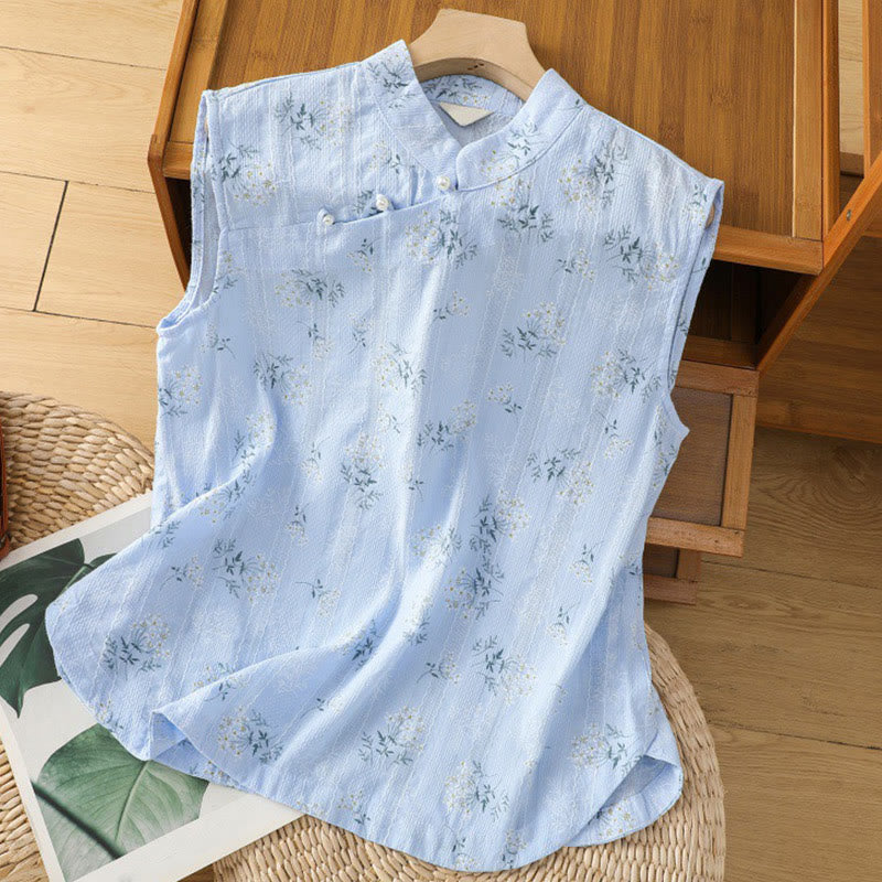 Retro Printing Floral Plant Pattern Chinese Frog-Button Design Women's Cotton Sleeveless Vest