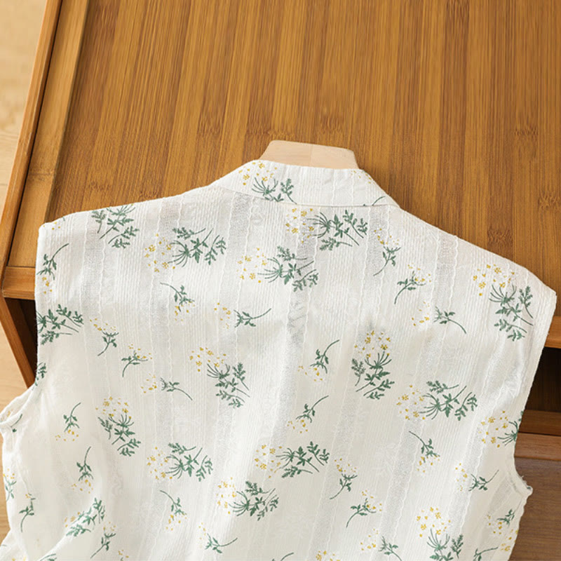 Retro Printing Floral Plant Pattern Chinese Frog-Button Design Women's Cotton Sleeveless Vest