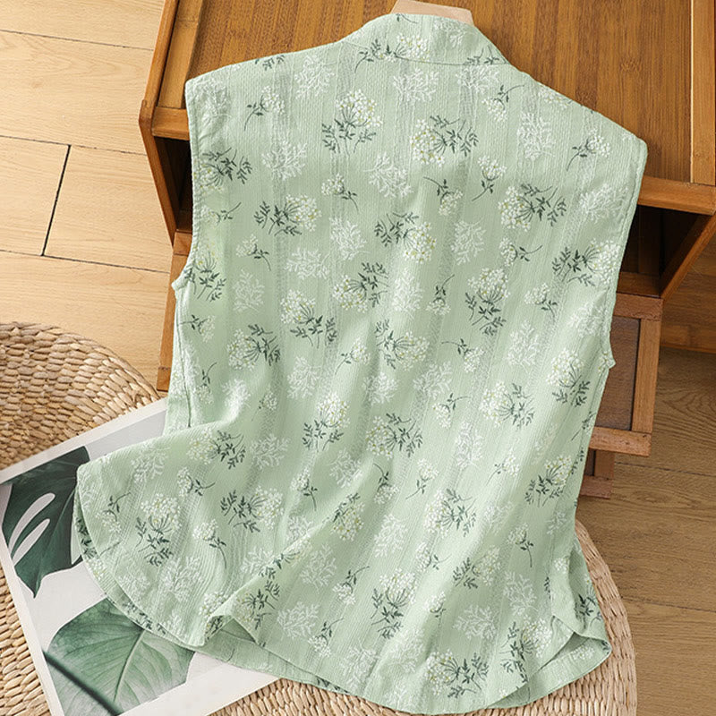 Retro Printing Floral Plant Pattern Chinese Frog-Button Design Women's Cotton Sleeveless Vest