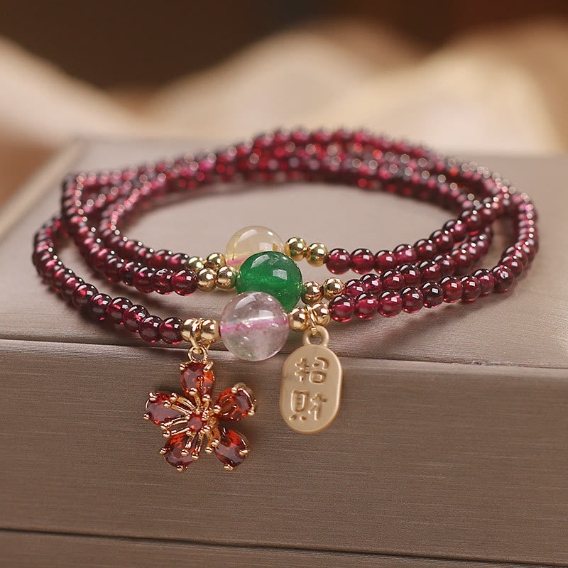 Natural 3mm Garnet and Clear Quartz Ultra-Thin Multilayer Cherry Blossom Bracelet