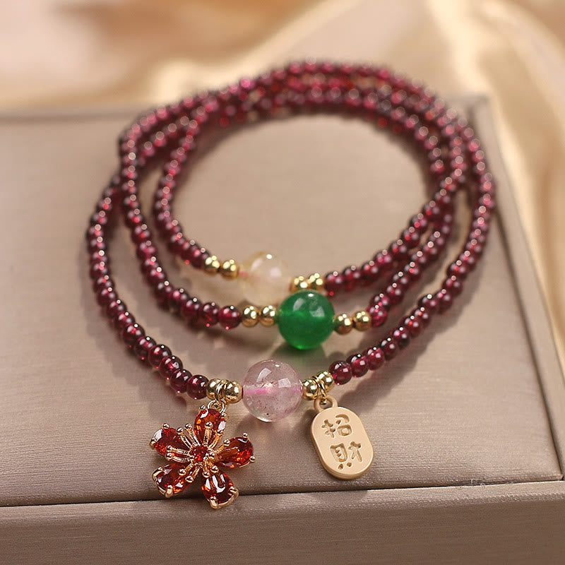 Natural 3mm Garnet and Clear Quartz Ultra-Thin Multilayer Cherry Blossom Bracelet