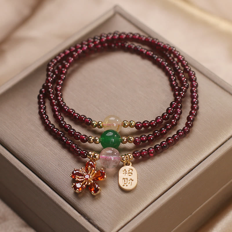 Natural 3mm Garnet and Clear Quartz Ultra-Thin Multilayer Cherry Blossom Bracelet