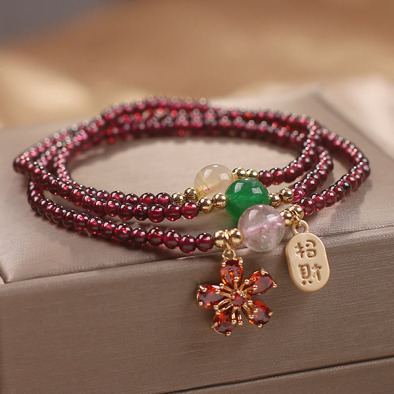 Natural 3mm Garnet and Clear Quartz Ultra-Thin Multilayer Cherry Blossom Bracelet