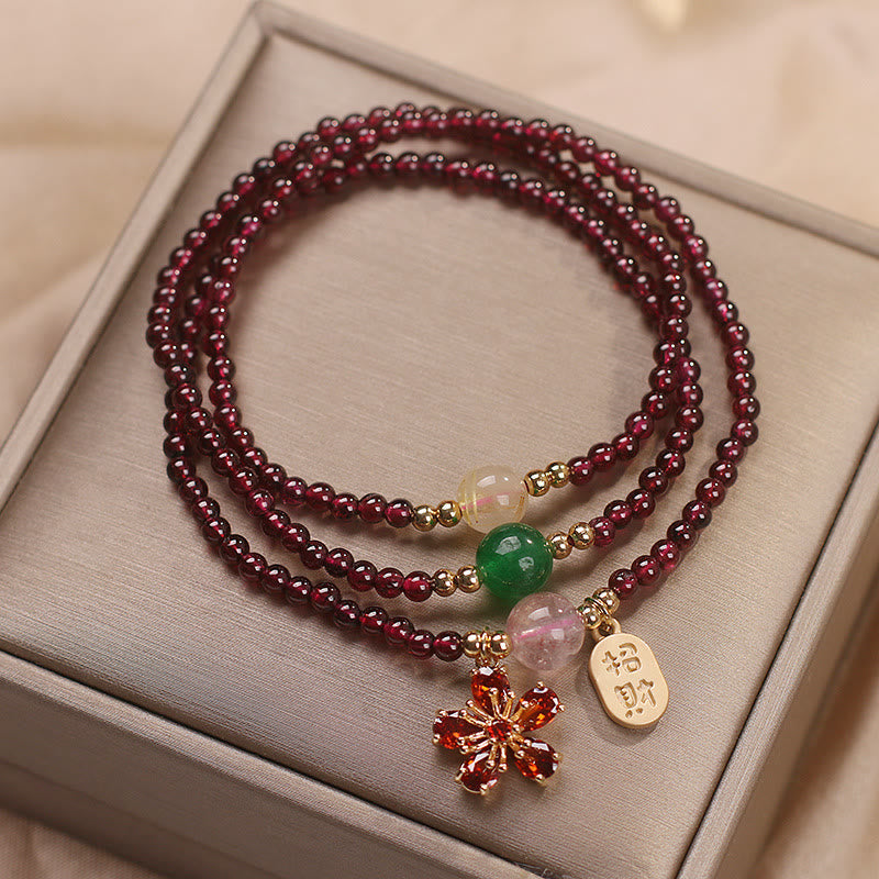 Natural 3mm Garnet and Clear Quartz Ultra-Thin Multilayer Cherry Blossom Bracelet