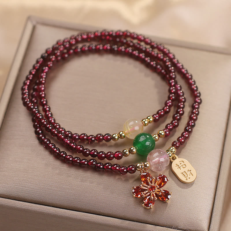 Natural 3mm Garnet and Clear Quartz Ultra-Thin Multilayer Cherry Blossom Bracelet